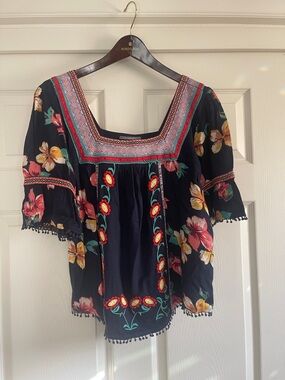 Anthropologie Black/Navy Floral Embroidered Square-Neck Blouse